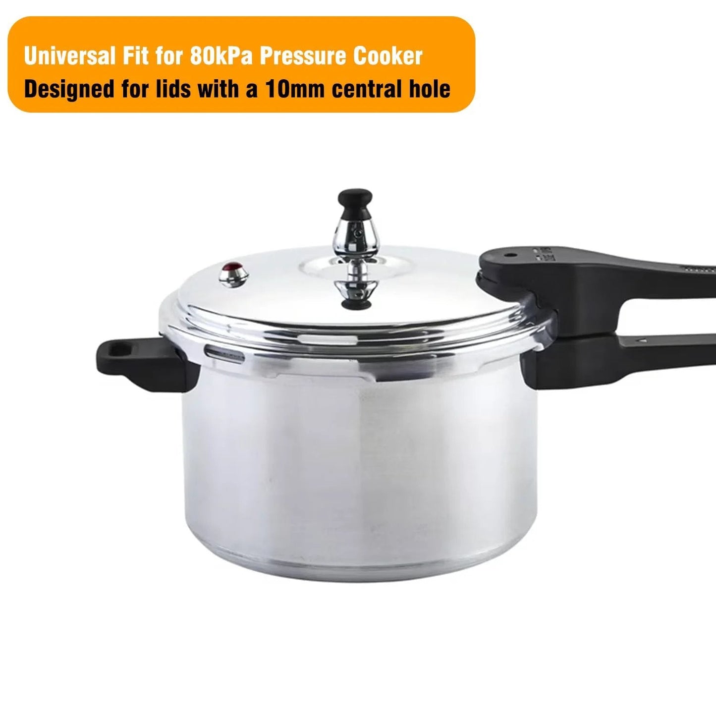Universal 80kPa Pressure Cooker Jigger Valve Replacement installed on a silver lid with black handles and exhaust rod visible.