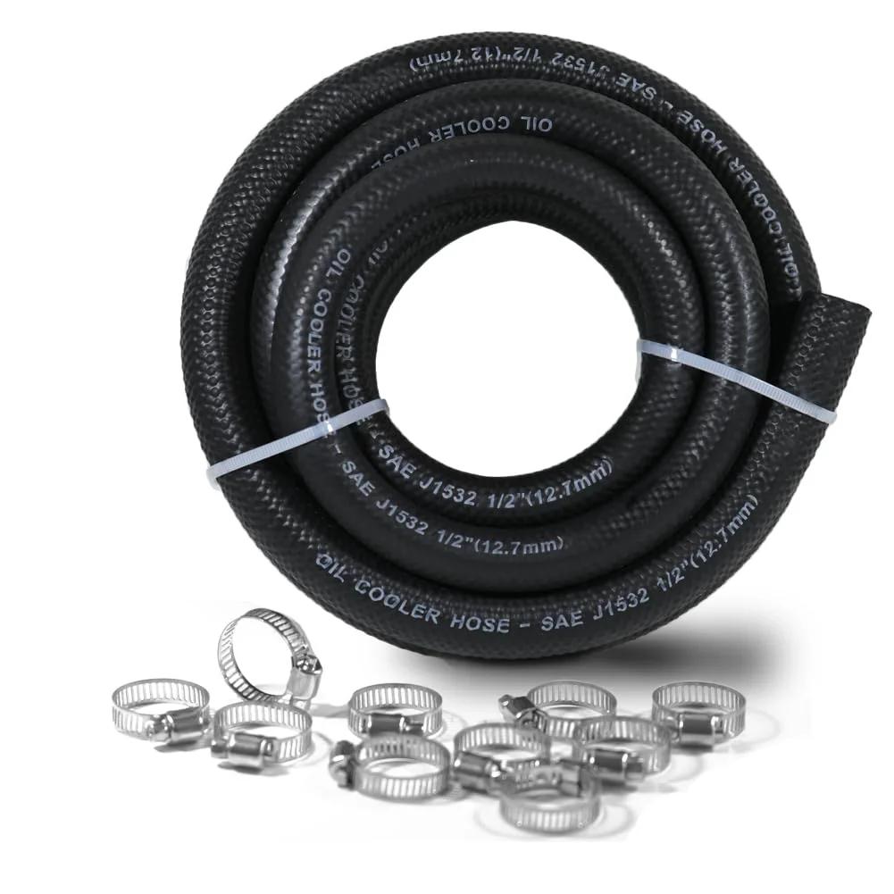Coiled heavy duty half inch transmission oil cooler hose ten foot J1532 fuel line hose 300 PSI high pressure with ten clamps