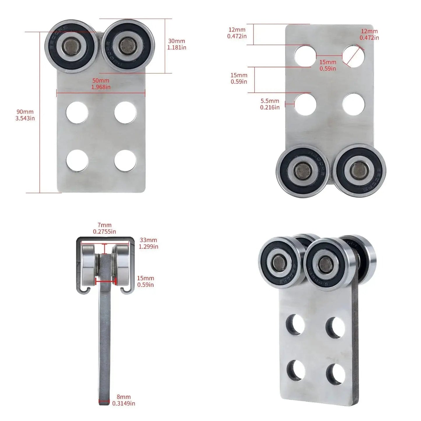Four Wheel Trolley Roller Bearing Assembly for 1 5 8 Inch High Strut Channel with top set screw, supports up to 900 lbs, shown in dimensions.