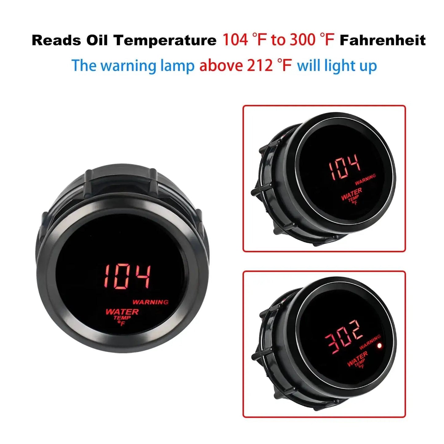 2 Inch Water Temperature Gauge 52mm Backlit Sensor For Car Truck Marine DC12V with digital display showing 104°F and 302°F readings.