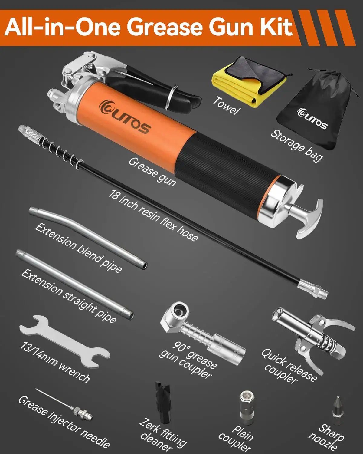 Heavy Duty 10000 PSI Grease Gun Kit With Pistol Grip, 14 Oz Capacity, 18 Inch Resin Flex Hose, Quick Release Coupler, 90 Degree Coupler, tools.