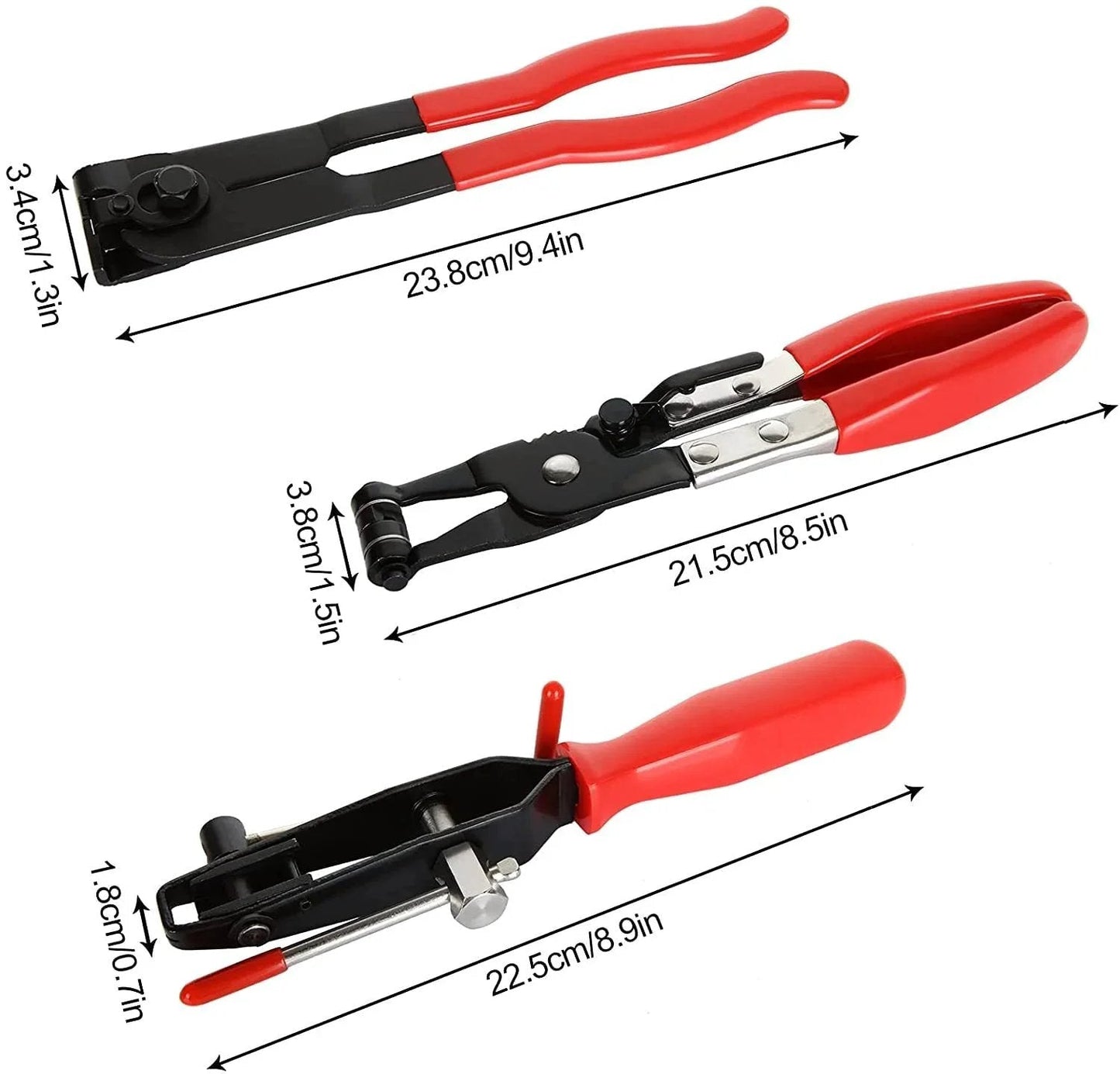 3 Piece CV Joint Boot Clamp Pliers Set With Hose Clamp Pliers Ear Type Pliers And Fuel Line Pliers For Most Cars shown with dimensions
