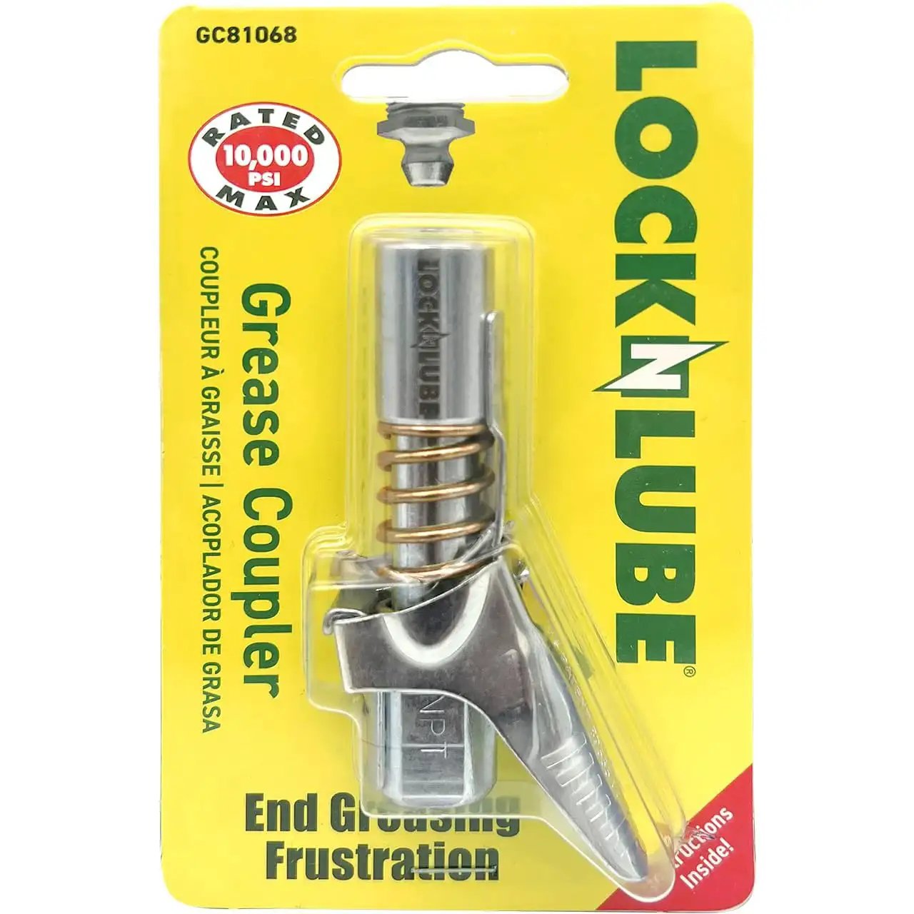 Leak Free Grease Coupler With Secure Locking Design For Hands Free Greasing And A Rebuildable Locking Mechanism By LockNLube Without A Spare Rebuilt Kit For Long Life Ideal For Pros And DIYers Who Need Leak Proof Performance And Long Lasting Service in retail packaging