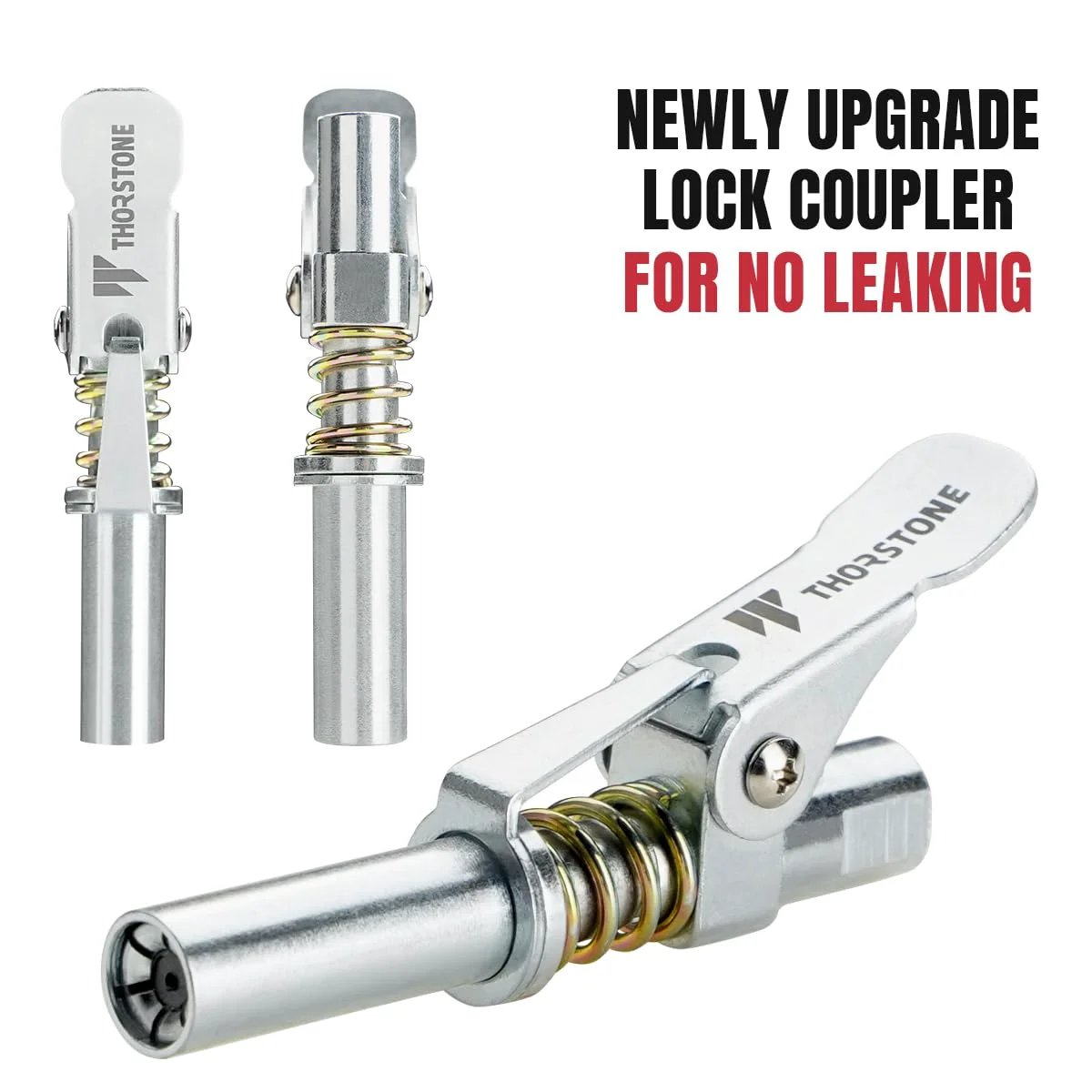 Close-up of the lock coupler from Beefy 7000 PSI Pistol Grip Grease Gun Kit with 14 ounce capacity, featuring Thorstone branding.