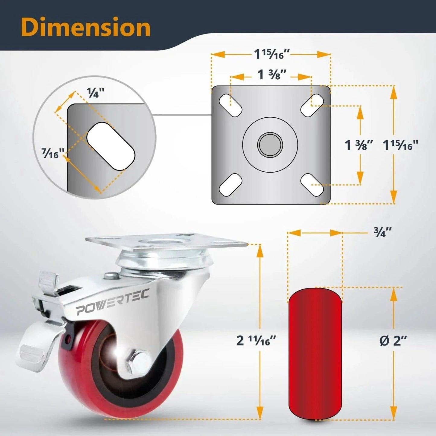 Dimensions of Set Of 4 2 Inch Swivel Casters With Two Brakes And Two Non Locking For Furniture Carts Dollies And Workbenches Heavy Duty Plate Casters With 400 Lb Load Capacity And Red Polyurethane Wheels For Smooth Floor Friendly Rolling.