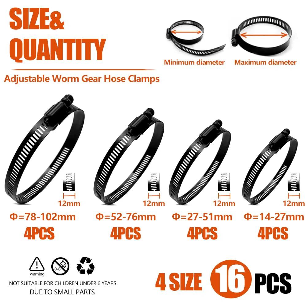 Go-To Heavy Duty Stainless Steel Hose Clamp Set For DIYers, 16-piece assortment, 4 sizes 14-102mm, black coated, shown front view