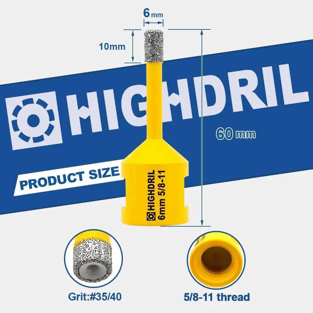 Diamond Core Drill Bit Set For Porcelain Tile Ceramic Granite Marble Dry Drilling With Vacuum Brazed Diamonds One Quarter Inch Diameter Six Millimeter Five Eighths Inch Thread Two Pack Heavy Duty And Faster Cuts, front view showing measurements and yellow design.