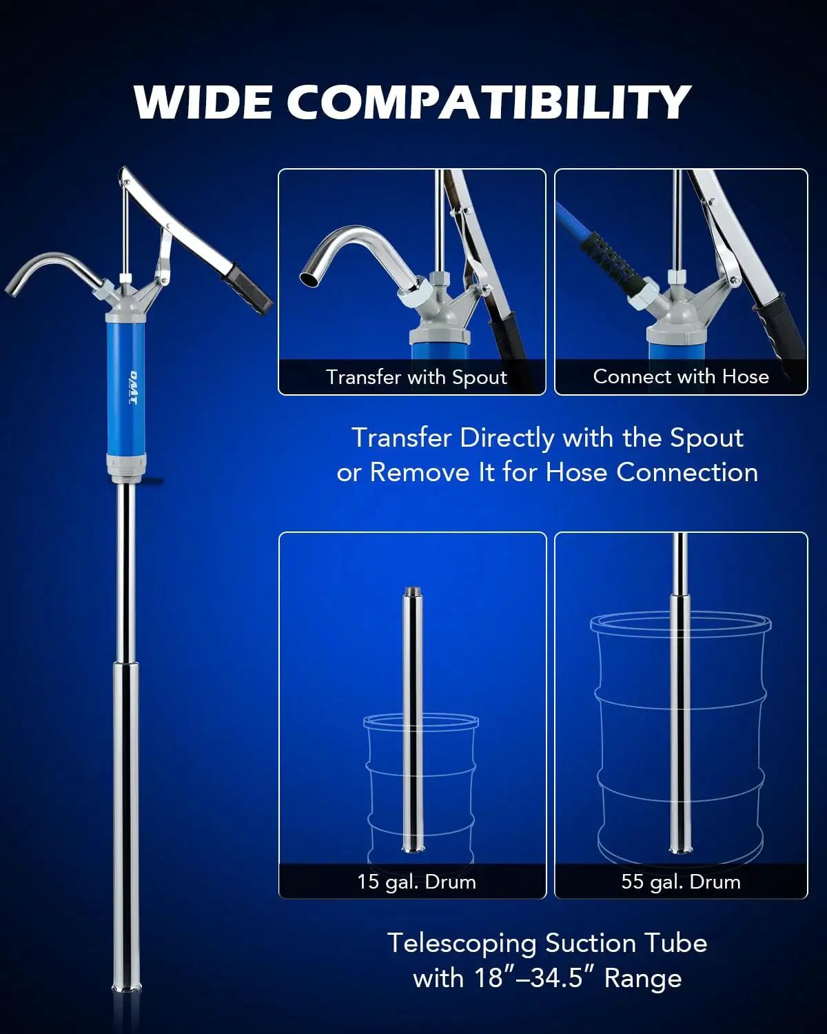 Lever Action Barrel Pump With Telescoping Suction Tube For 15 To 55 Gallon Drums demonstrating compatibility with drums.