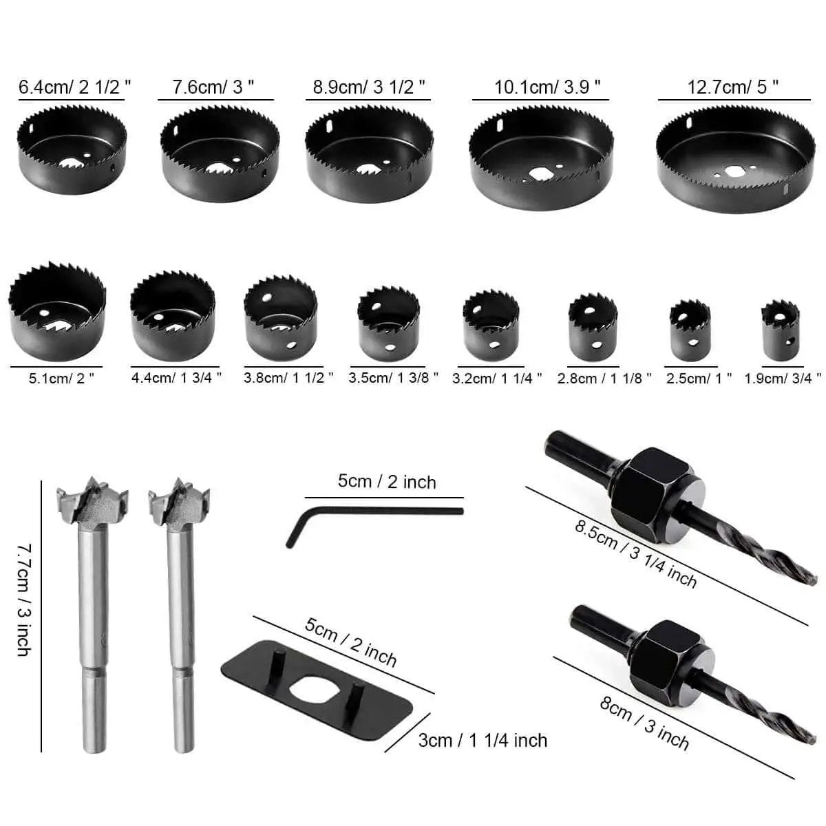 22 Piece Hole Saw Kit For Fast Clean Cuts From Three Quarters Of An Inch To Five Inches Includes 13 Saw Blades 2 Mandrels 2 Drill Bits Hex Key And Storage Box Ideal For Soft Wood Plywood Drywall And PVC Projects, showing saw blades and accessories.