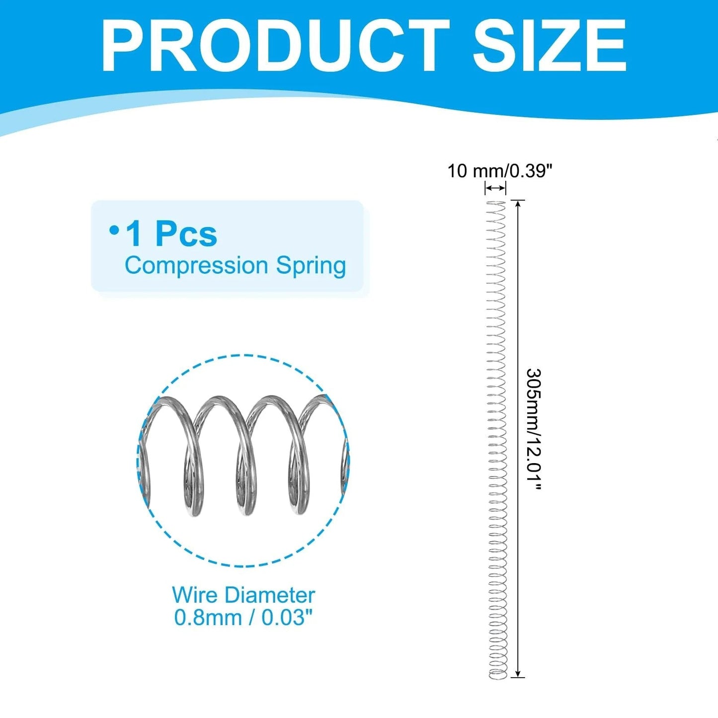 Heavy Duty 0.8mm Wire Diameter Compression Spring 10mm Outer Diameter 305mm Length 304 Stainless Steel 1 Piece Mechanical Extension