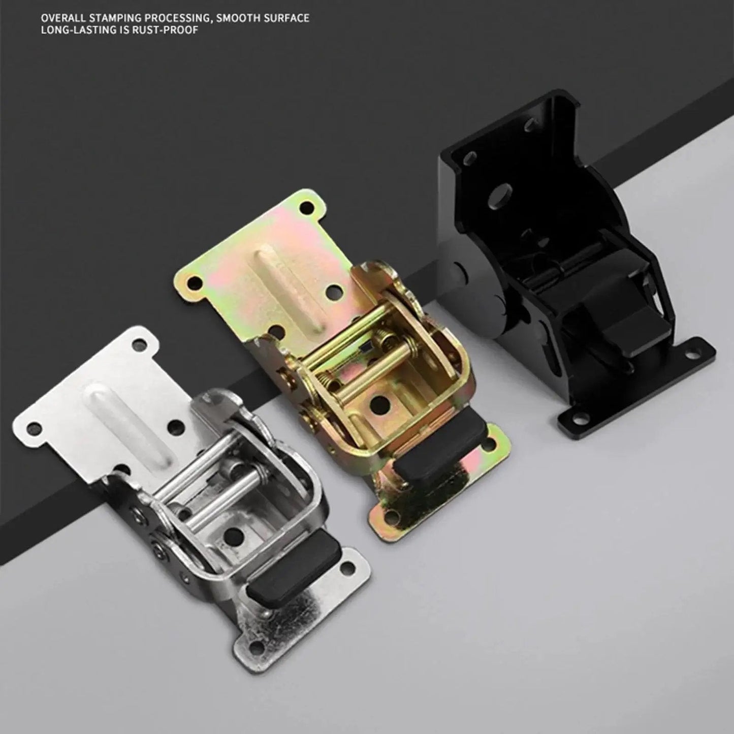 Industrial Locking Hinges With 180 Degree Foldable Leg Brackets For Tables, Beds And Workbenches, shown in silver, gold, black steel