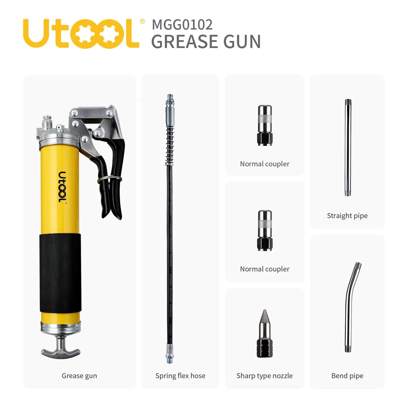 Beefy 8000 PSI Grease Gun Kit With Pistol Grip And 14 Oz Capacity, 18 Inch Resin Flex Hose, Two Couplers, Two Extension Rigid Pipes And Sharp Nozzle
