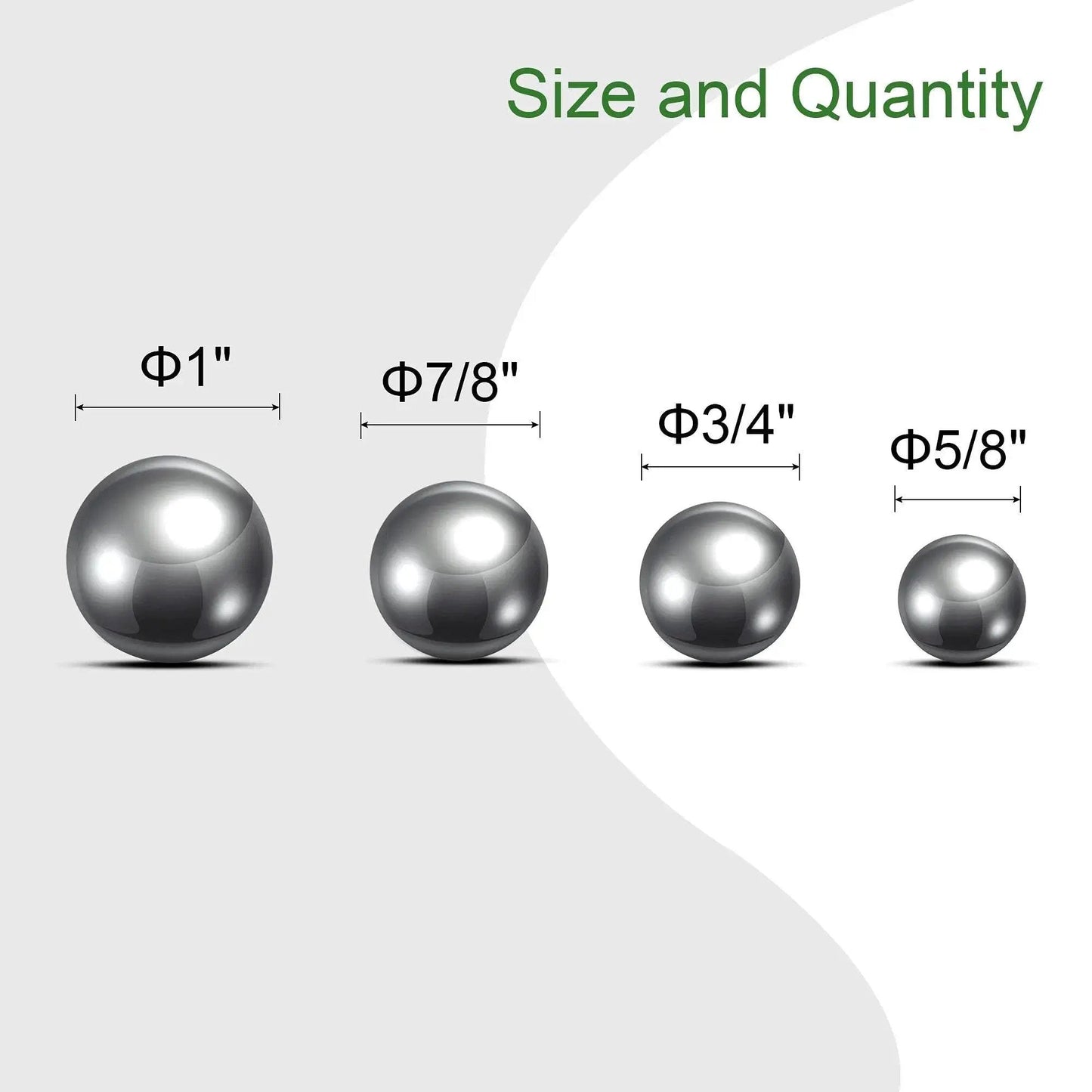 Four size stainless steel bearing balls set, includes 1 inch, 7/8 inch, 3/4 inch, 5/8 inch, precision grade, 304 stainless steel