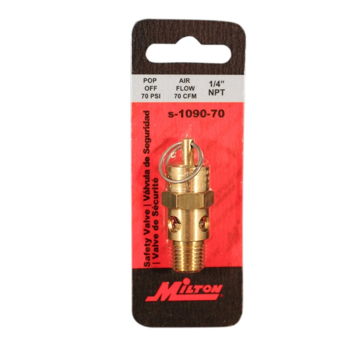 One Quarter Inch MNPT ASME Safety Valve With 70 PSI Pop Off Pressure And 70 SCFM Air Flow For Air Compressors Industrial Pneumatic Systems And Your Go To DIY Workshops Milton Made In USA on red packaging