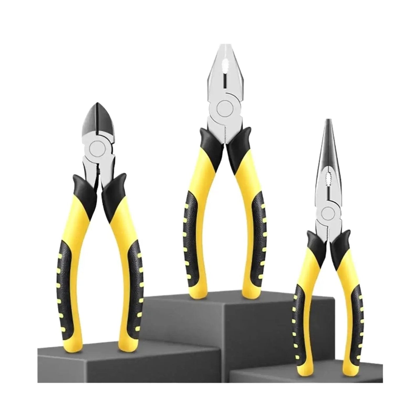 6 Inch Multi Function Pliers With Wire Cutter Diagonal Cutting Crimping in yellow and black, front and side views