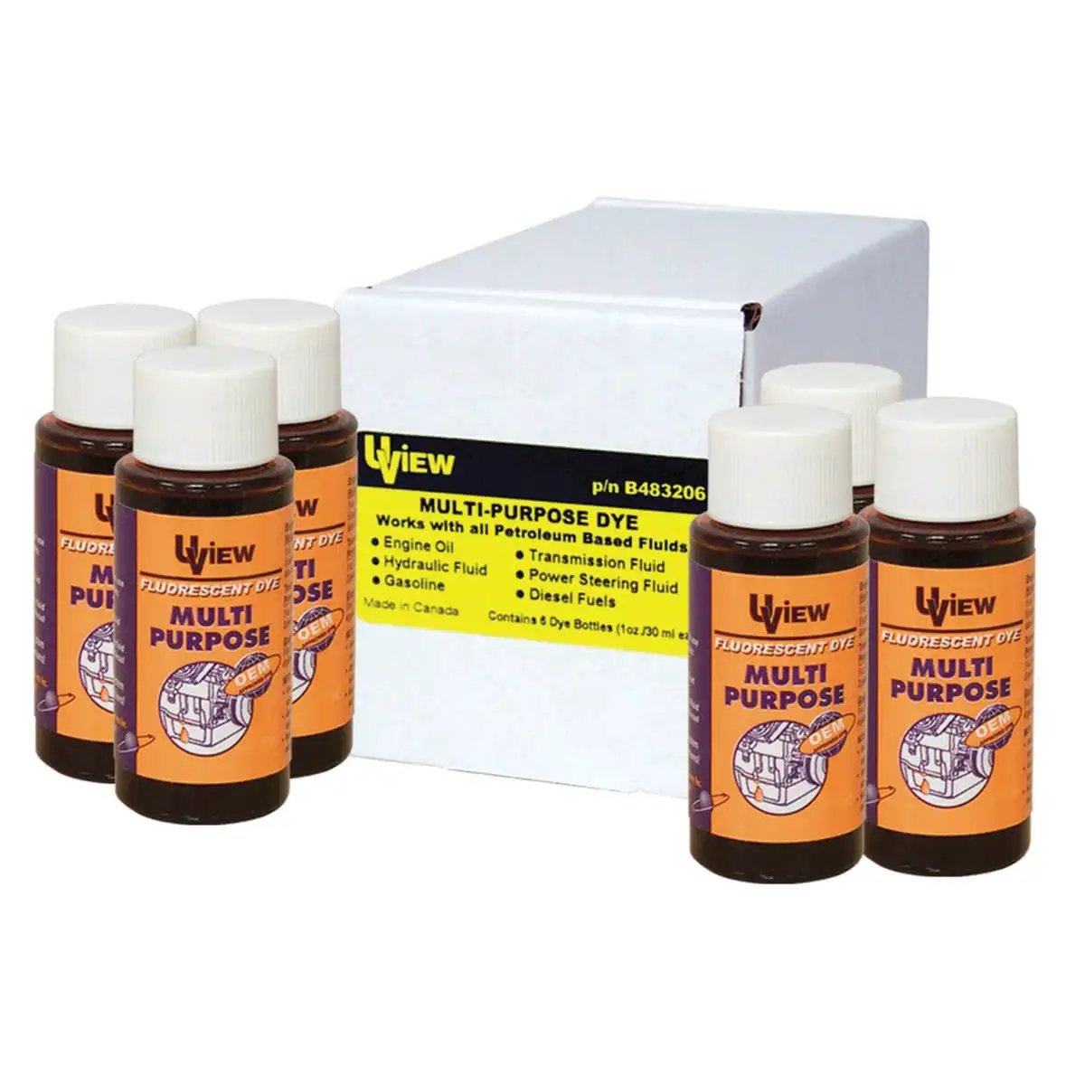 All Purpose UV Dye Kit For Engine Oil And Transmission Fluid 6 Pack 1 Oz Bottles with box