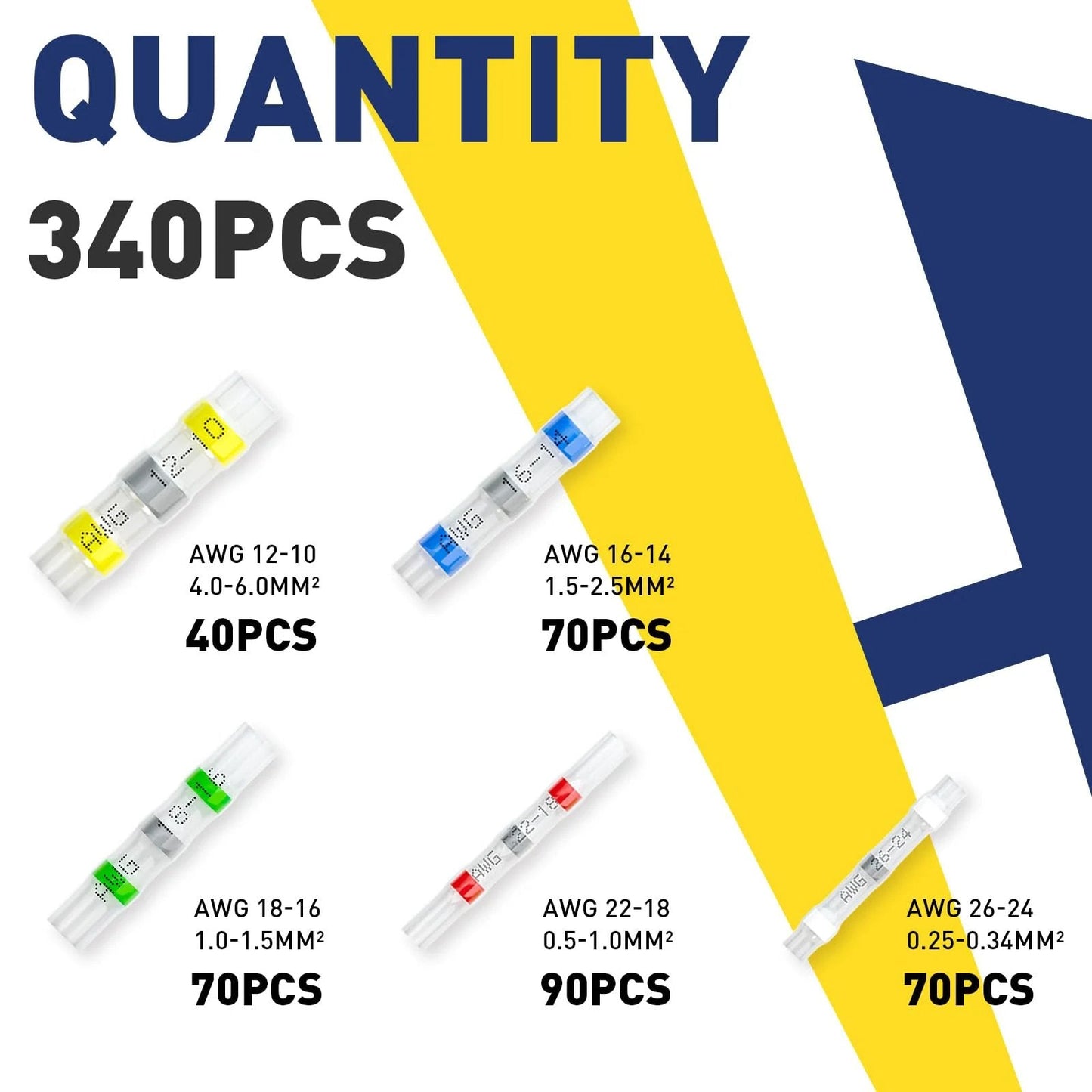340 Pcs Solder Seal Wire Connectors Kit Dockside Ready Marine Grade Heat Shrink Butt Splice Terminals For Marine Electrical Weatherproof Corrosion Resistant With 5 Colors And 5 Sizes 26 To 10 AWG displayed by size and color