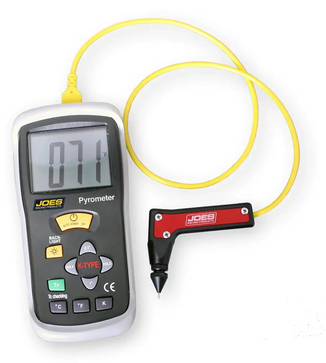 Racing Pyrometer With Adjustable Probe Backlit LCD 1800F Celsius Enabled displaying temperature with attached yellow probe.