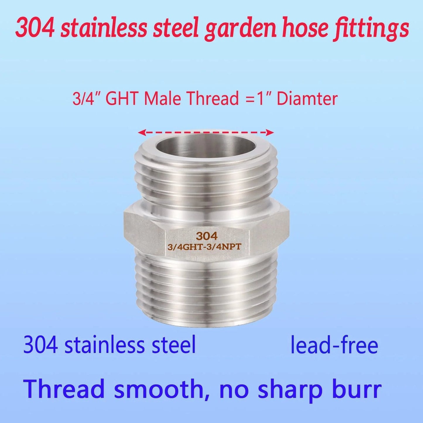 Three Quarter Inch GHT Male To Three Quarter Inch NPT Male Connector With One Half Inch NPT Female 304 Stainless Steel Garden Hose Fitting Adapter