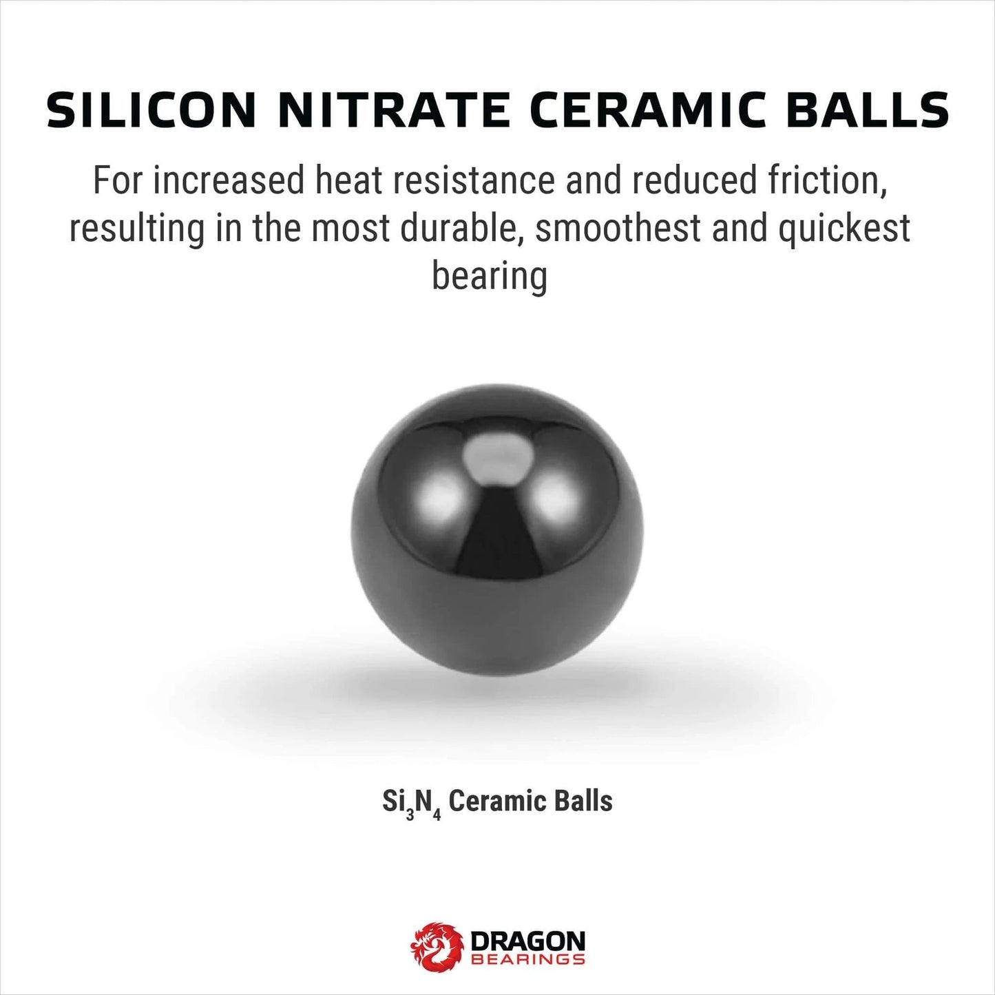 Silicon nitride ceramic ball with text highlighting heat resistance and smoothness for bearings by Dragon Bearings