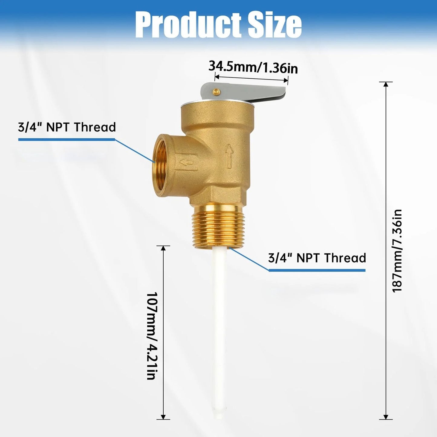 All Brass 3/4 Inch NPT Temperature and Pressure Relief Valve With Extension Probe and Lever for RVs and Home Water Heaters