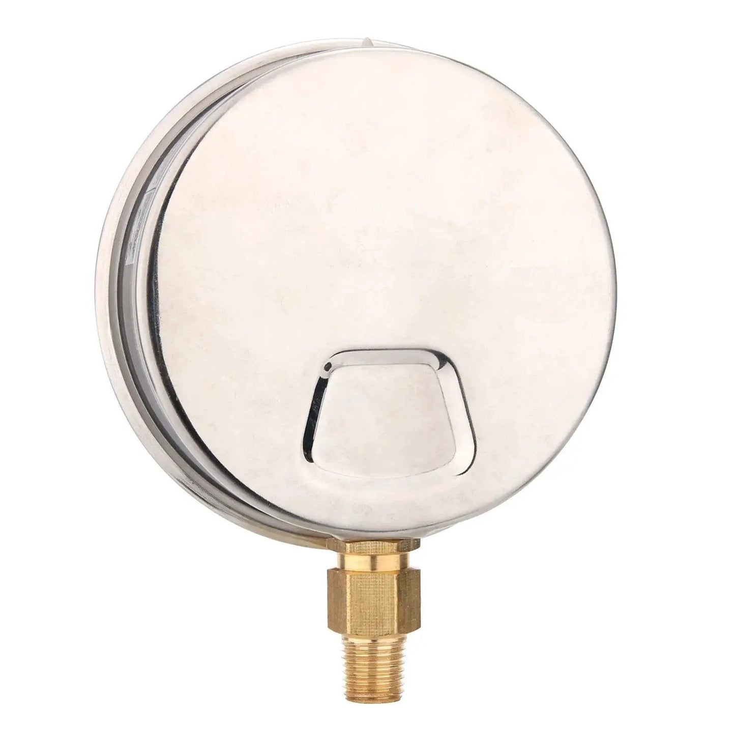 Back view of Glycerin Filled 4 Inch Dial Pressure Gauge For Plumbing 0 To 60 Psi With Stainless Steel Case Brass Wetted Parts One Quarter Inch Npt