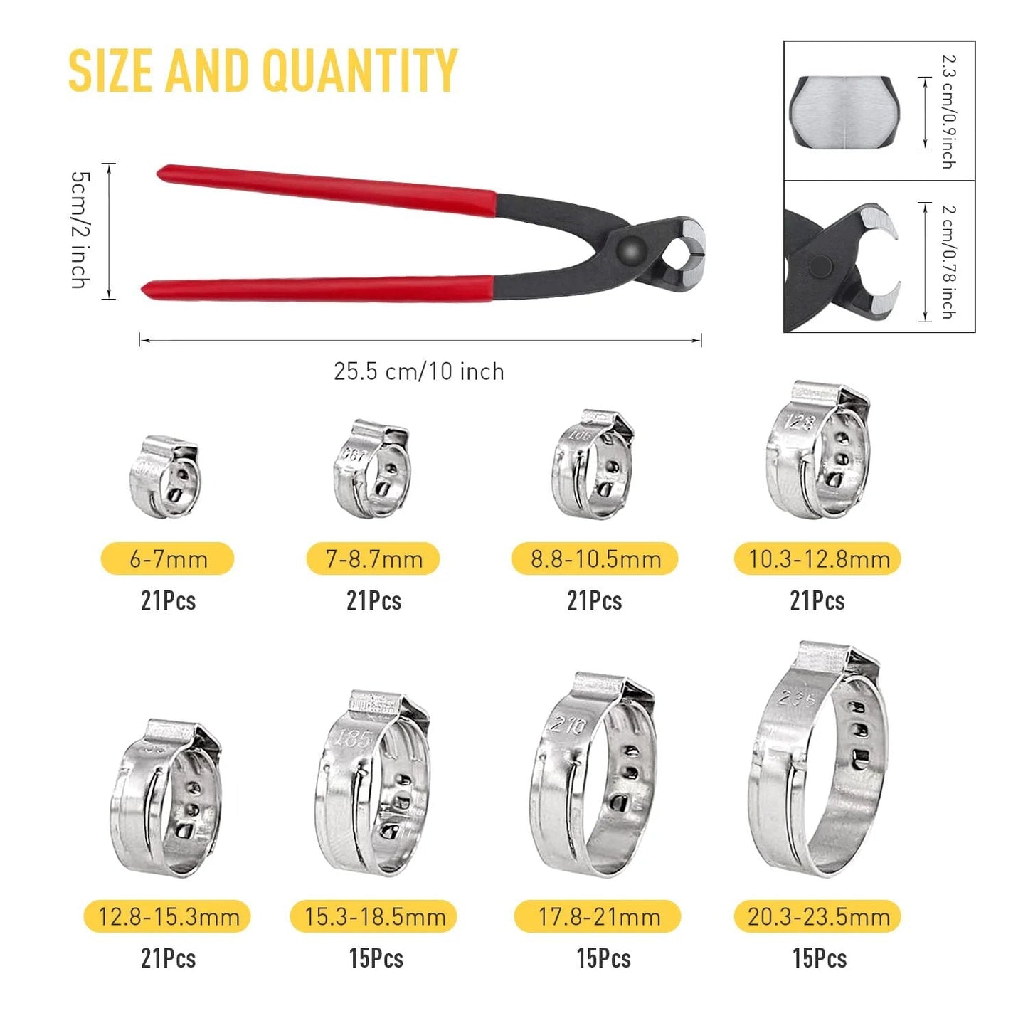 Heavy Duty 150 Pcs 304 Stainless Steel Single Ear Hose Clamp Kit With Ear Clamp Pincer, sizes 6 to 23.5 mm, shown with clamps.