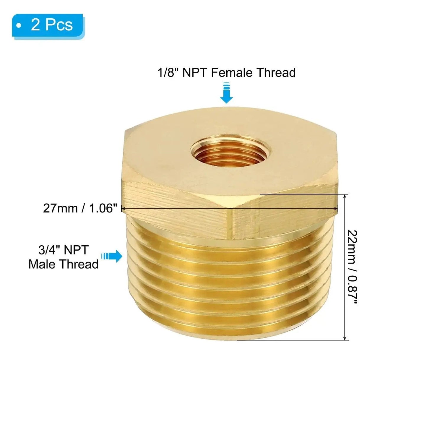 Brass Hex Bushing 1/8 NPT Female To 3/4 NPT Male Reducer Fittings Pack Of 2 for water air oil gas lines, side view with measurements