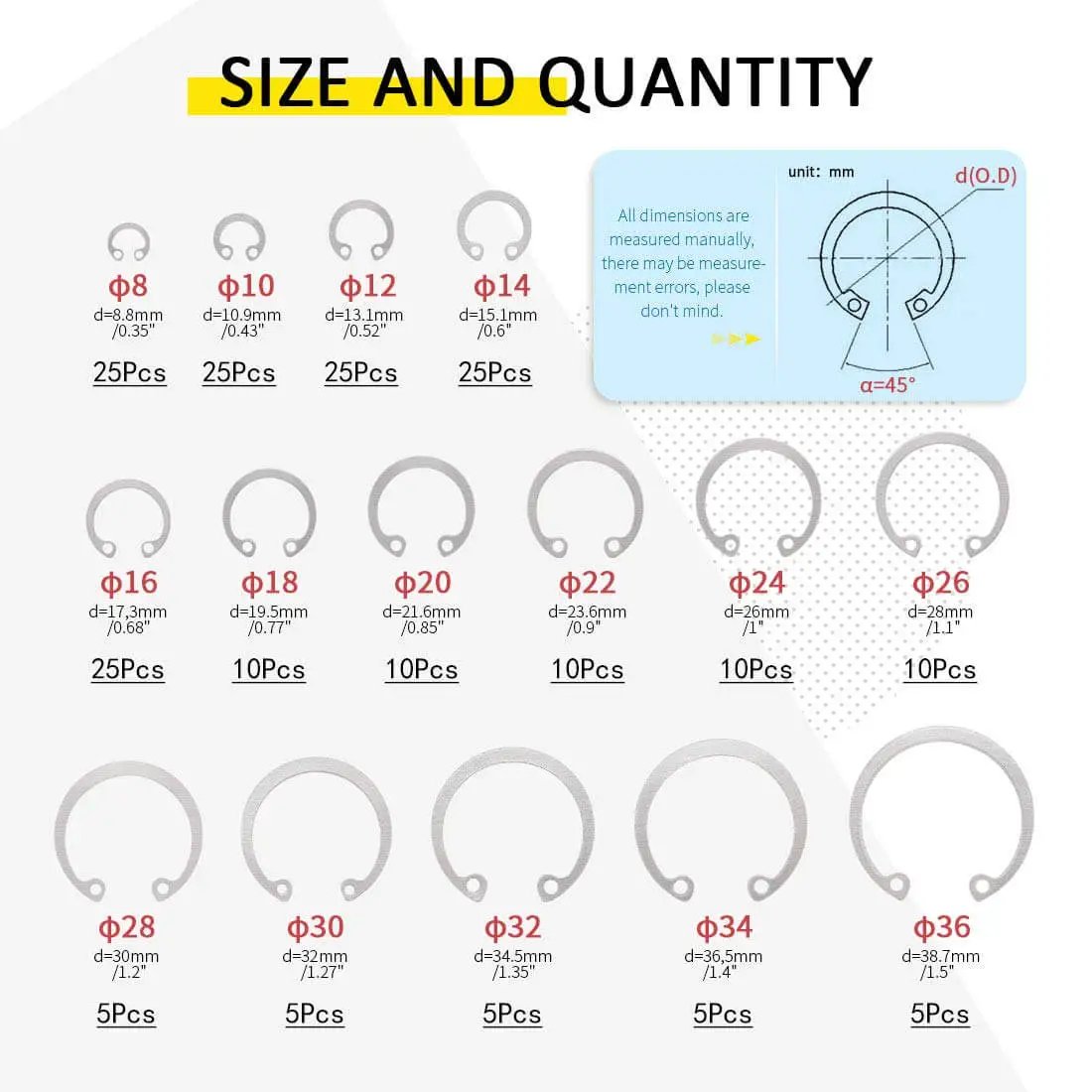 Internal Snap Ring Set 304 Stainless Steel, 200-Piece Assortment in 15 Common Metric Sizes with size chart