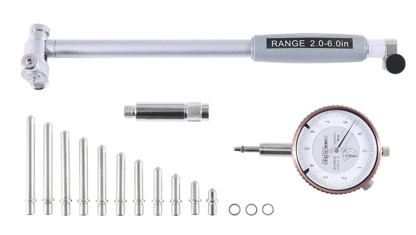 Dial Bore Gauge Set For 2 To 6 Inch Range With 0.0001 Inch Graduation And 6 Inch Stem Includes Extension Holder And Case Chrome Plated Handle Insulated Self Centering Grip Pro Grade Accuracy To 0.0003 Inch From Accusize Industrial Tools Ee20 1006 showing parts.