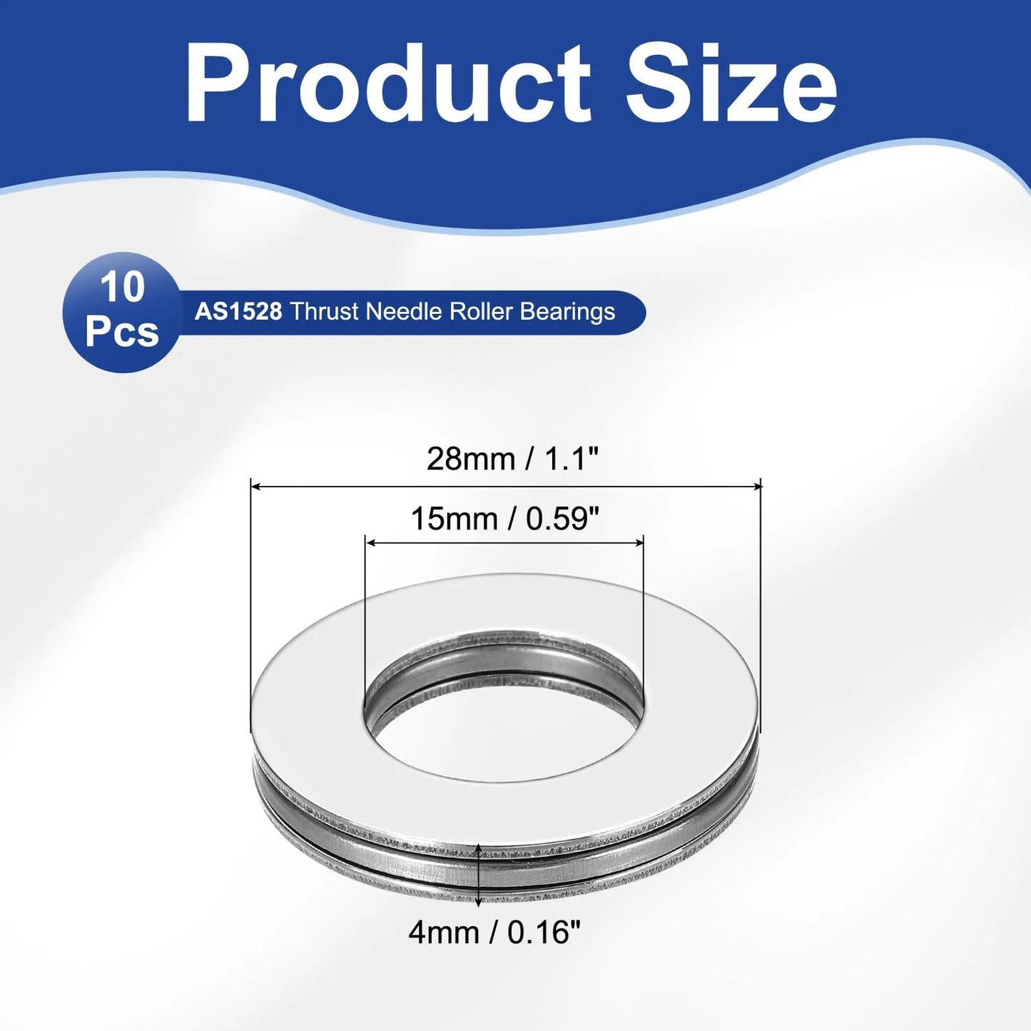 Thrust Needle Roller Bearing Set 15x28x4mm With Washers for Heavy Duty Conveyor Systems and Machine Tools, 10 Pcs Chrome Steel.