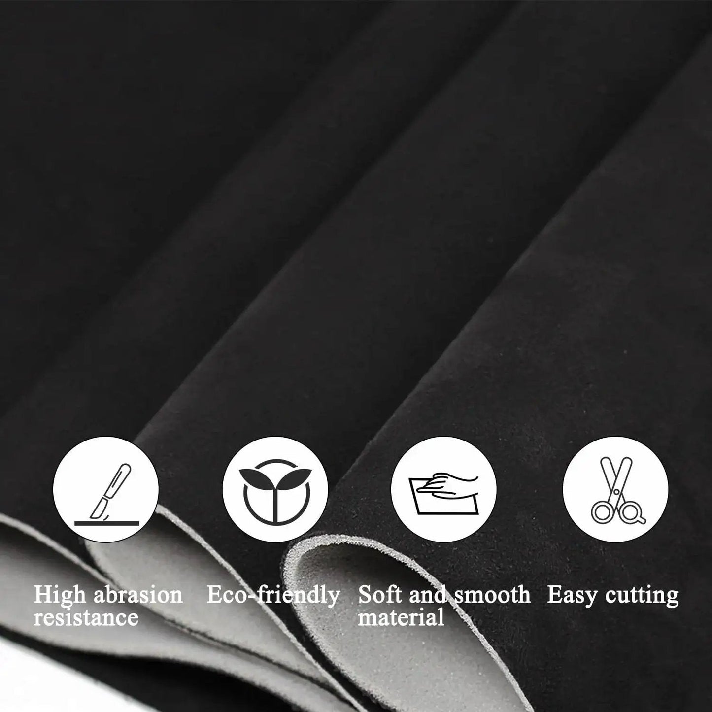 Close-up of black Suede Headliner Fabric With Foam Backing For Car Interior Black 96x60 showing texture and eco-friendly icons