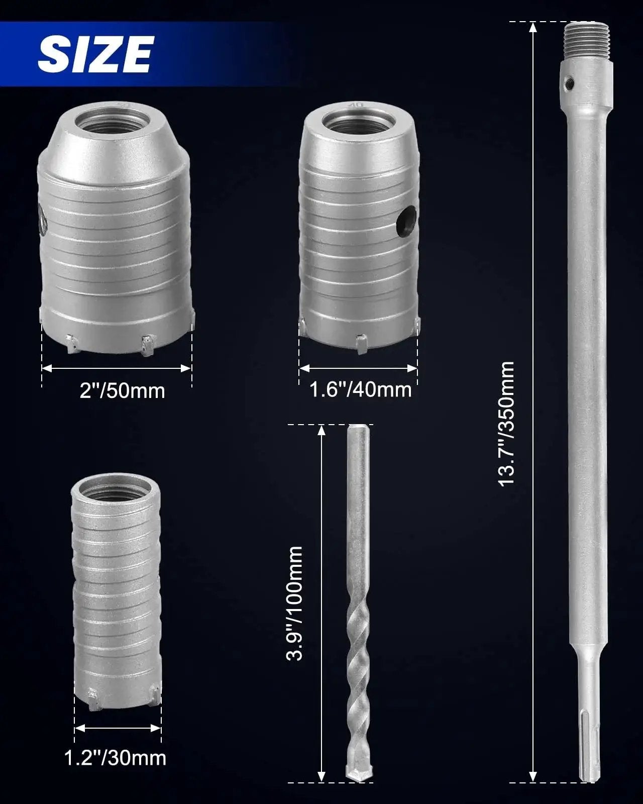 Concrete Hole Saw Kit With 30 40 50mm Drill Bits For SDS Plus Shank shown in various sizes with measurements.