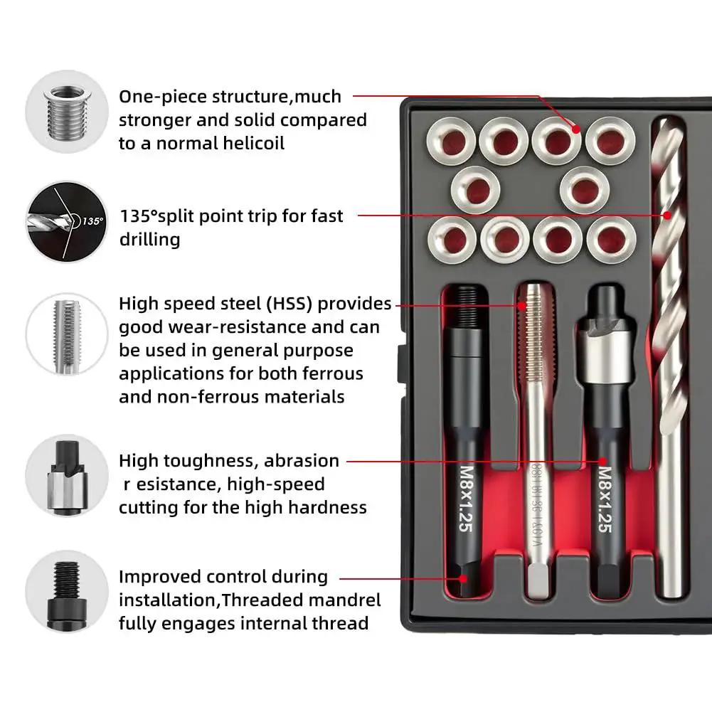 M8x1.25 Thread Repair Kit with 11.7mm Stainless Inserts 10Pcs, showing tools and inserts in case, including drill and tap driver.