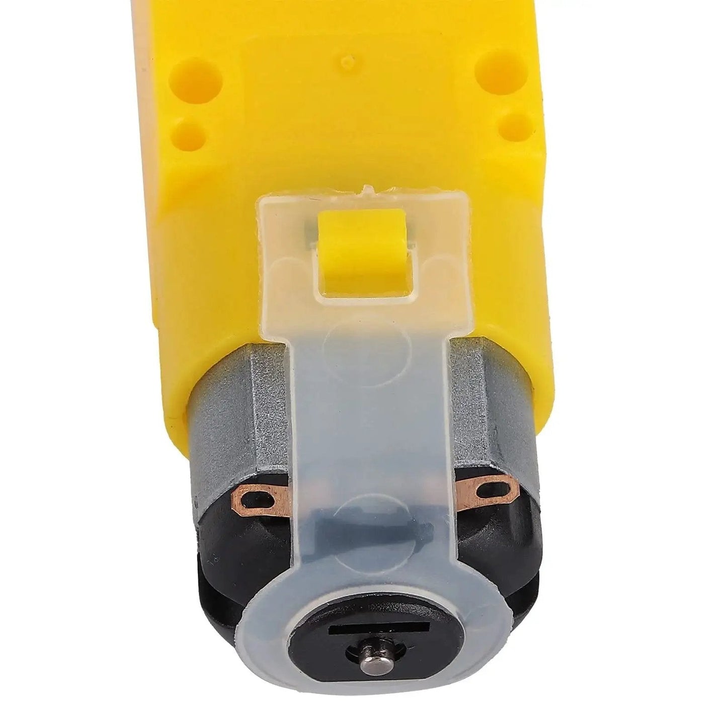 Close-up of yellow TT geared motor component for mecanum wheel, ideal for robotics projects and remote control cars.