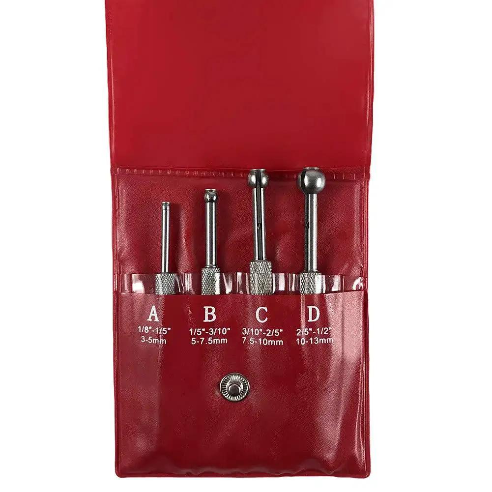 Precision Small Hole Bore Gauge Set Telescoping Full Round Bore Four Piece Built From 65 Mn Steel And Heat Treated For Superior Strength And Rust Resistance Includes Four Gauges Ranging From One Eighth To One Half Inch With A Handy Case in red case