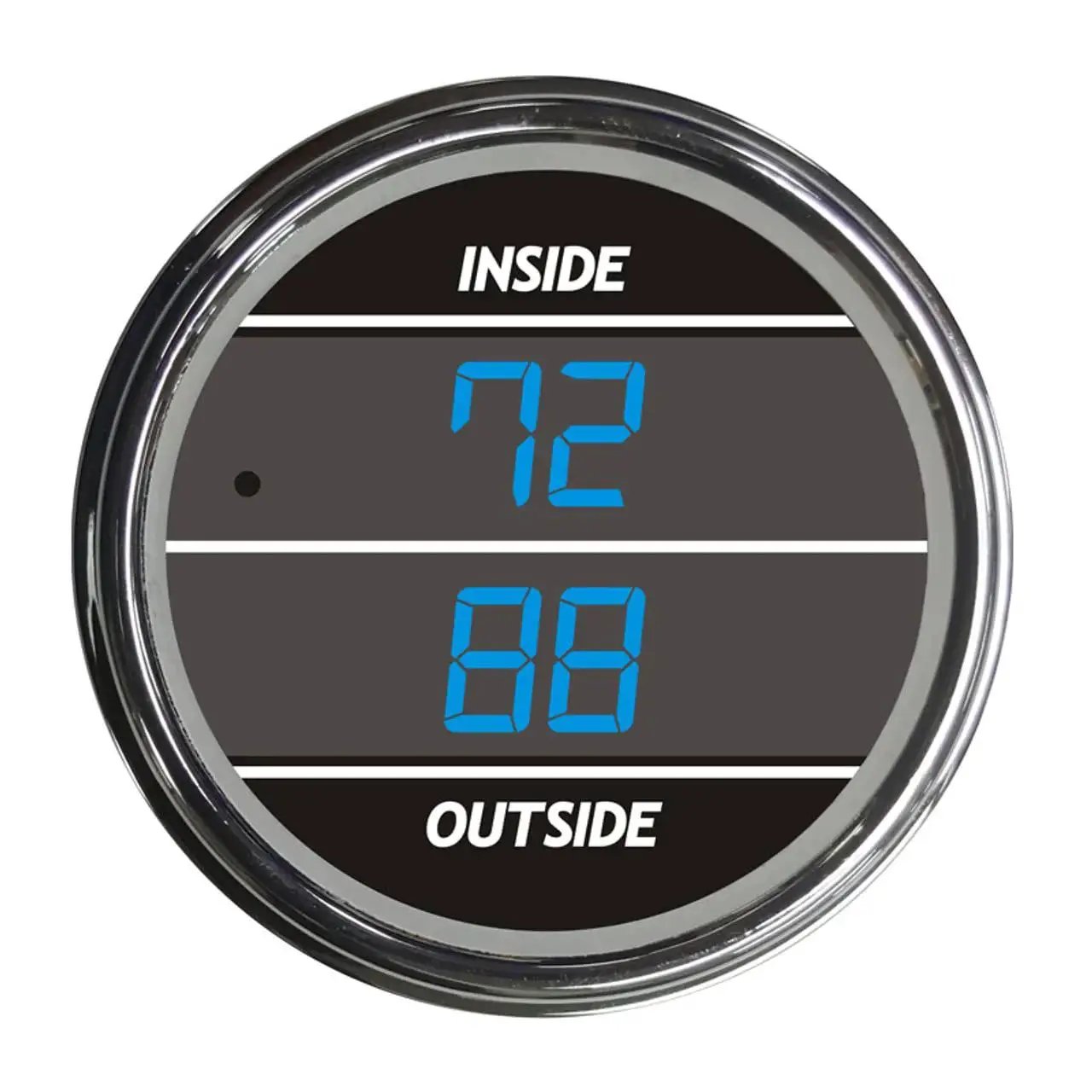 Front view of Dual Display Inside Outside Car Truck Thermometer Gauge With Blue LED, showing inside and outside temperatures.