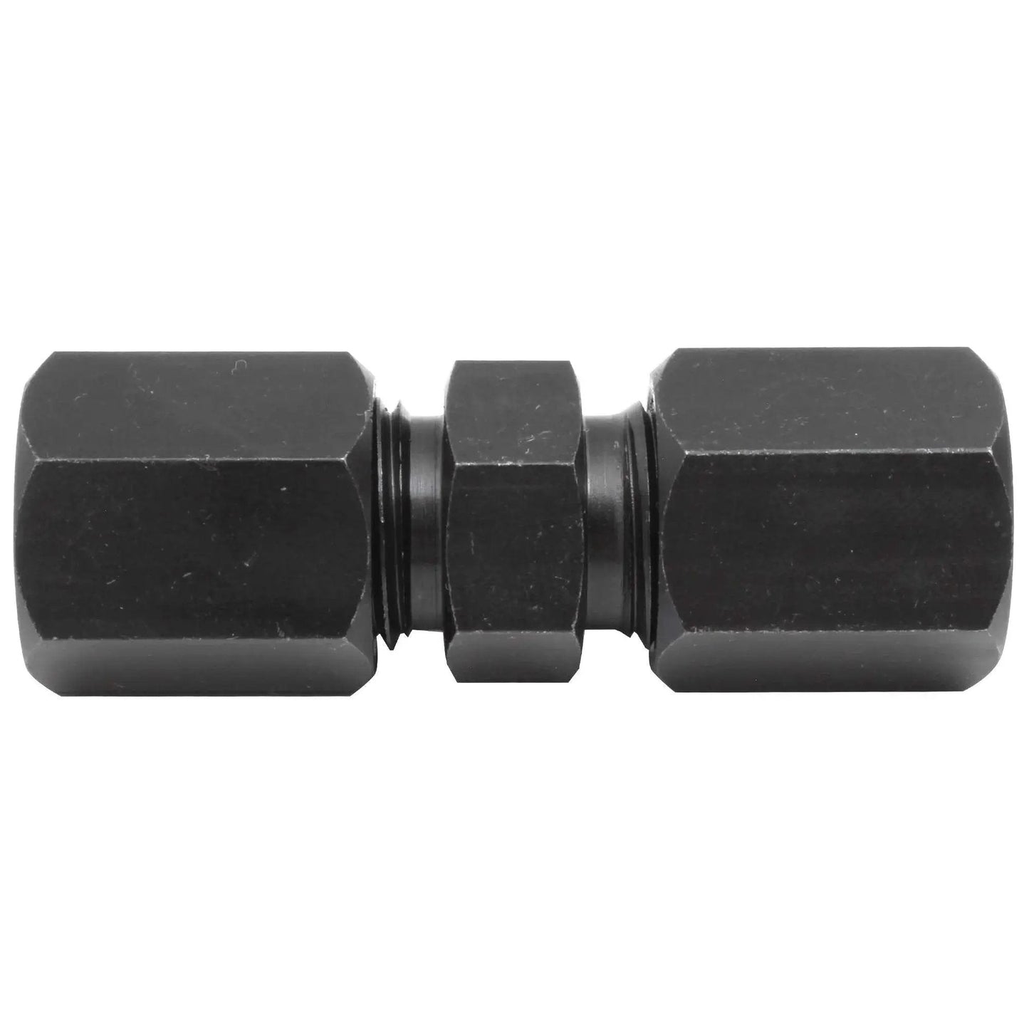 Heavy-Duty 3/8 Inch High-Pressure Compression Union For Tube Repair By 4LifetimeLines, black oxide steel, leak-tight connector front view.