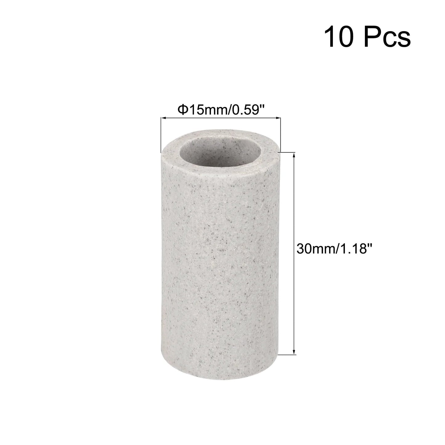 10 Pack Ceramic Tube Insulation For Electronics, DIY Friendly High Temp Tubes 30mm Long, 10mm Bore, 15mm Outer Diameter, Up To 1600 C, 1000V Rated Insulation, Gray, single tube shown