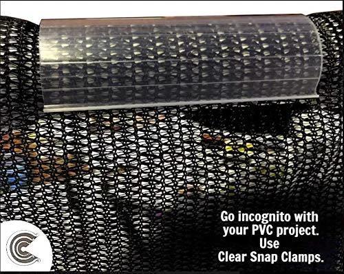 Installed clear snap clamp securing black netting on PVC as part of 20 Pack Clear Transparent Light Grip Clamps Furniture Grade For One And A Quarter Inch PVC Pipe Or One And A Half Inch EMT Four Inch Long EZ Snap Clamps For Tarps DIY Projects Suitable For DIY Home Improvement And Construction