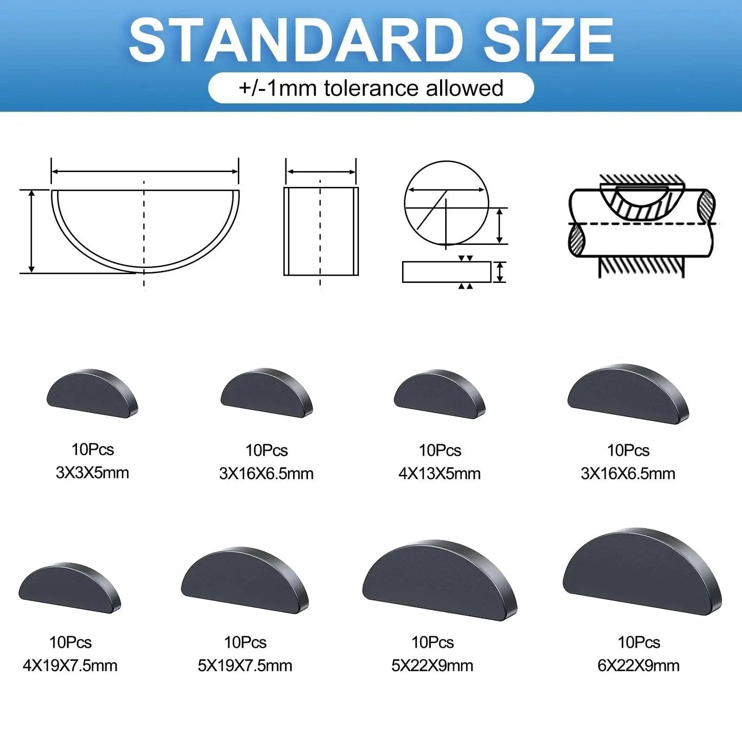 Woodruff Key Set 80 Pieces 9 Sizes Carbon Steel Pro Grade Semicircular Half Moon Keys For Fasteners In Mechanical Industry