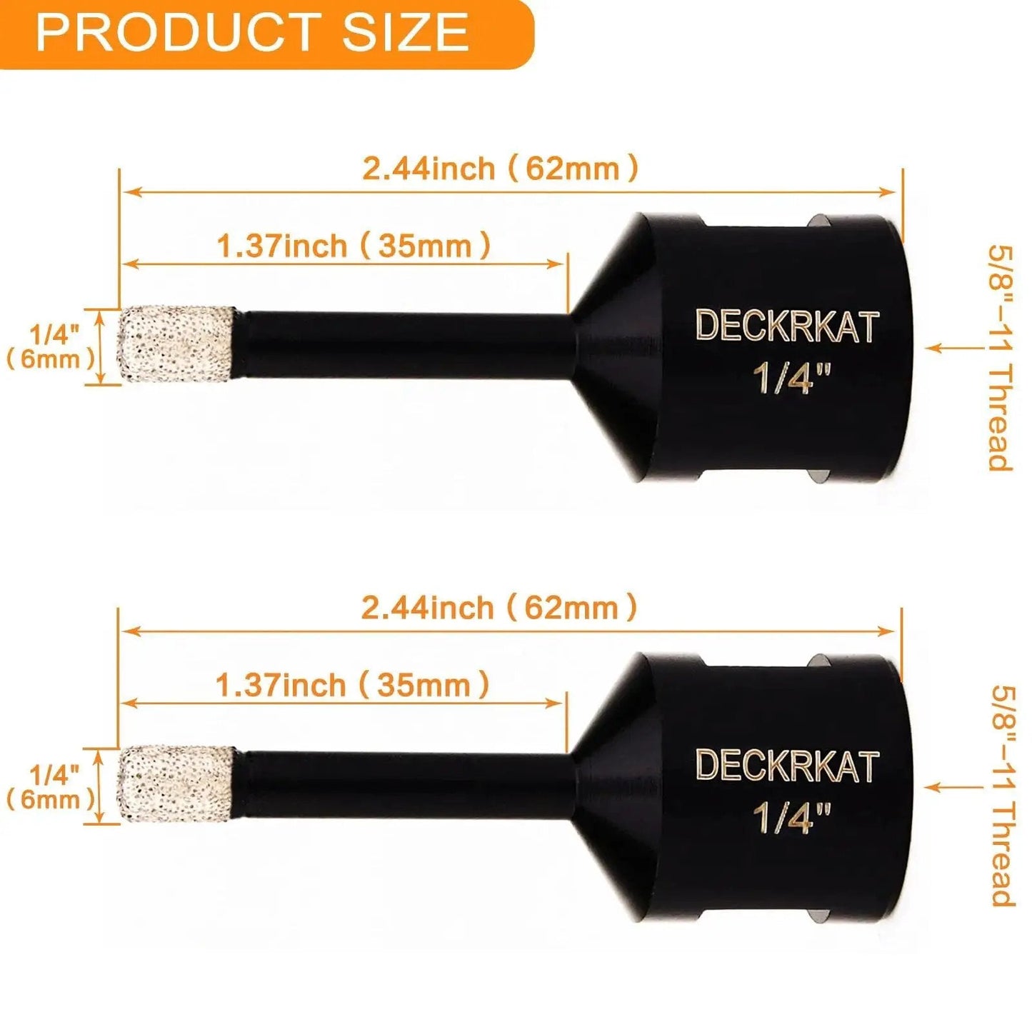 Two Pack 1/4 Inch Diamond Core Drill Bits For Dry And Wet Drilling On Granite Marble Ceramic Glass Porcelain Tiles Stones And Flower Pots With 5/8-11 Thread For Angle Grinders Including Tile Hole Saw Bits shown with dimensions
