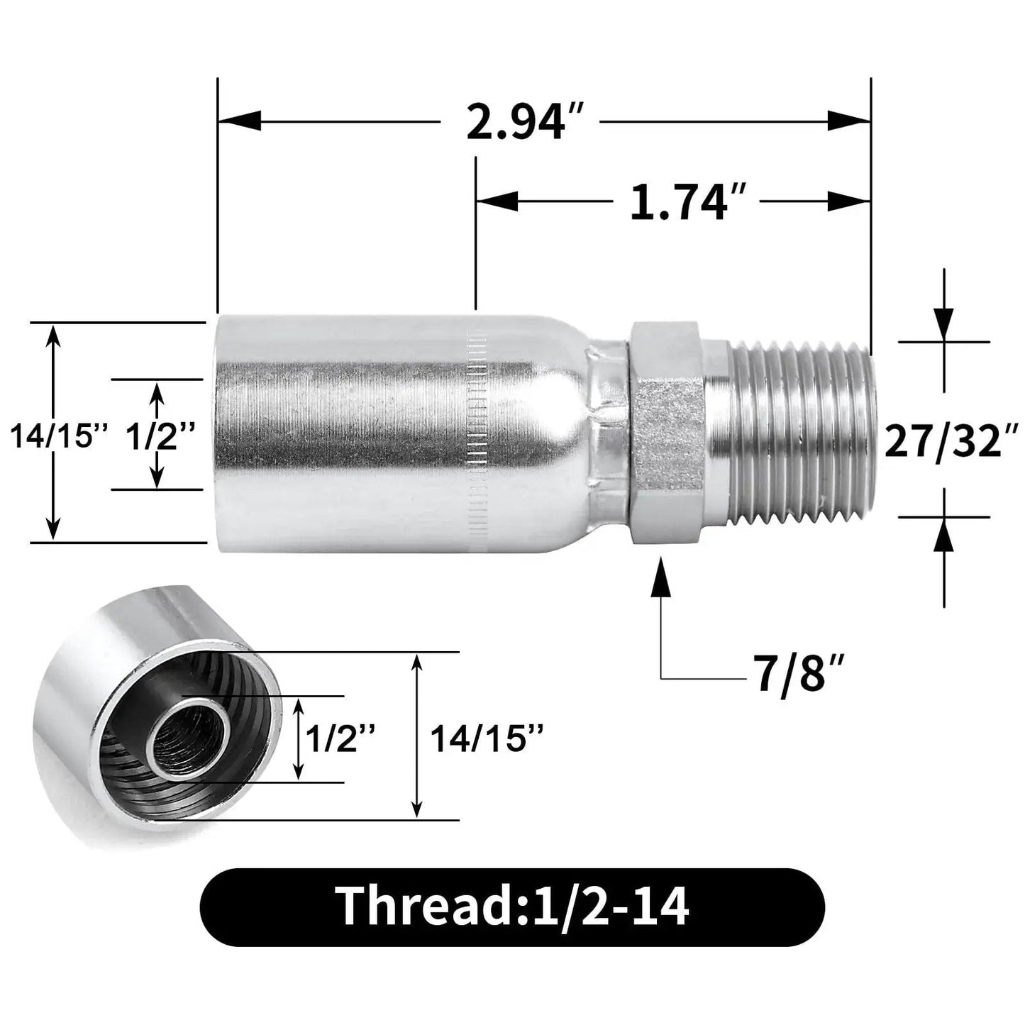 Diagram of 12 Pack 1/2 Inch Hose To 1/2 Inch NPTF Male Hydraulic Crimp Fittings in carbon steel with detailed measurements.