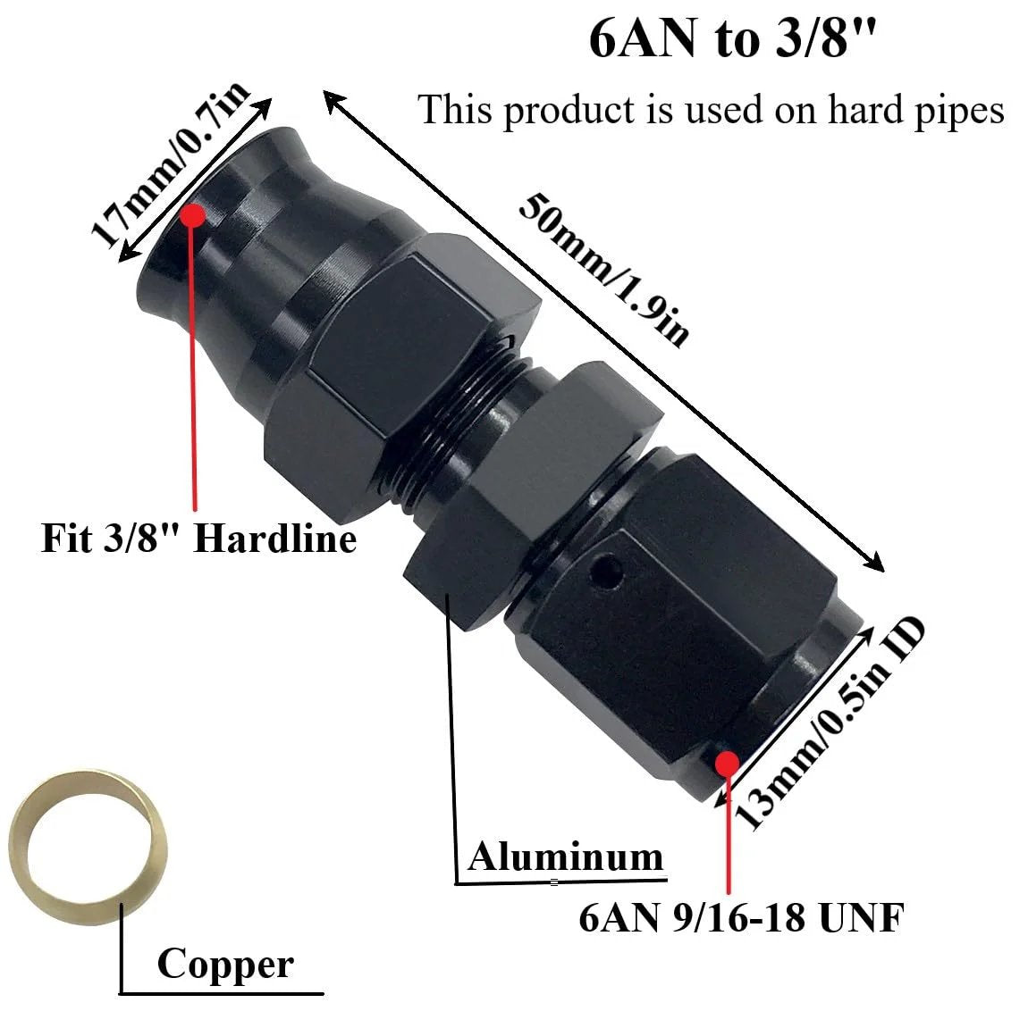 6AN Female Flare To Three Eighths Inch Tube OD Hardline Fitting Adapter Aluminum Black Two Pack For Fuel Line Connector Nine Sixteenth Inch UNF Thread Compatible With Stainless Steel Or Aluminum Hardline
