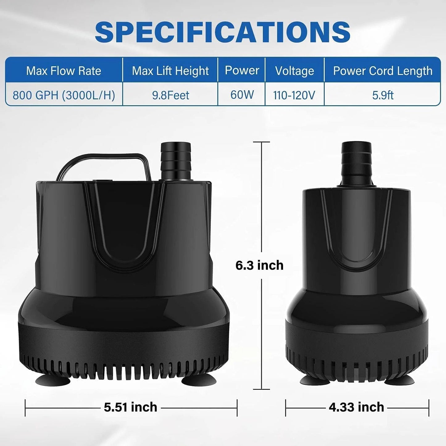 Bottom Suction Submersible Pump 800 GPH 60W With 9.8 Ft Lift And 3 Nozzles For Fountain Use next to specifications chart