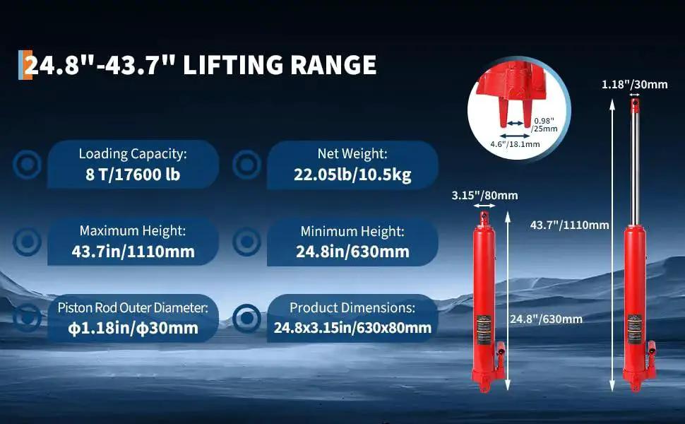 Specifications of 8 Ton Long Ram Hydraulic Jack With Clevis Base And Air Pump For Engine Hoists highlighting dimensions and capacity
