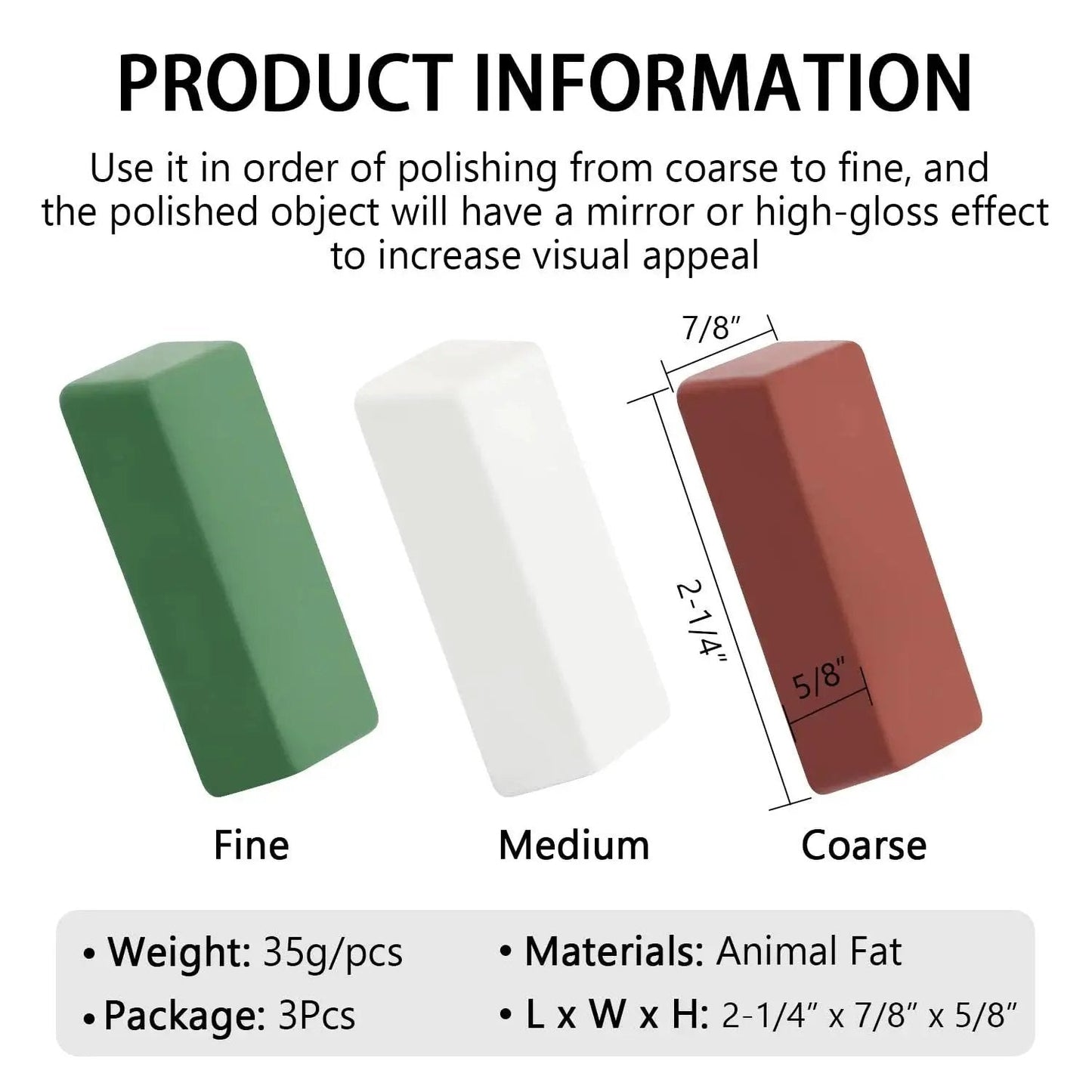 Buffing Polishing Compounds Kit 4 Oz Green Fine White Medium Red Coarse 3 Pack with product information and dimensions.