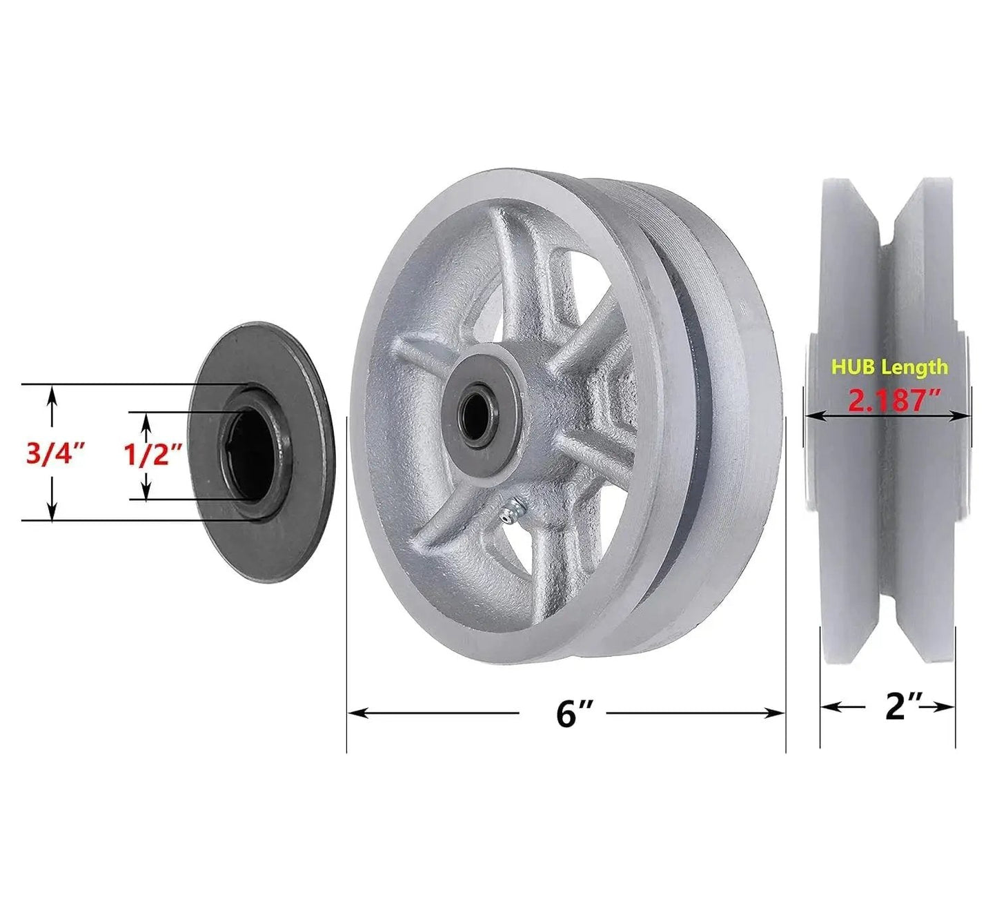 Beefy Cast Iron V Groove Caster Wheel With Straight Roller Bearing, 6 Inch Diameter, 2 Inch Wide, 1000 Lbs Capacity, in disassembled view