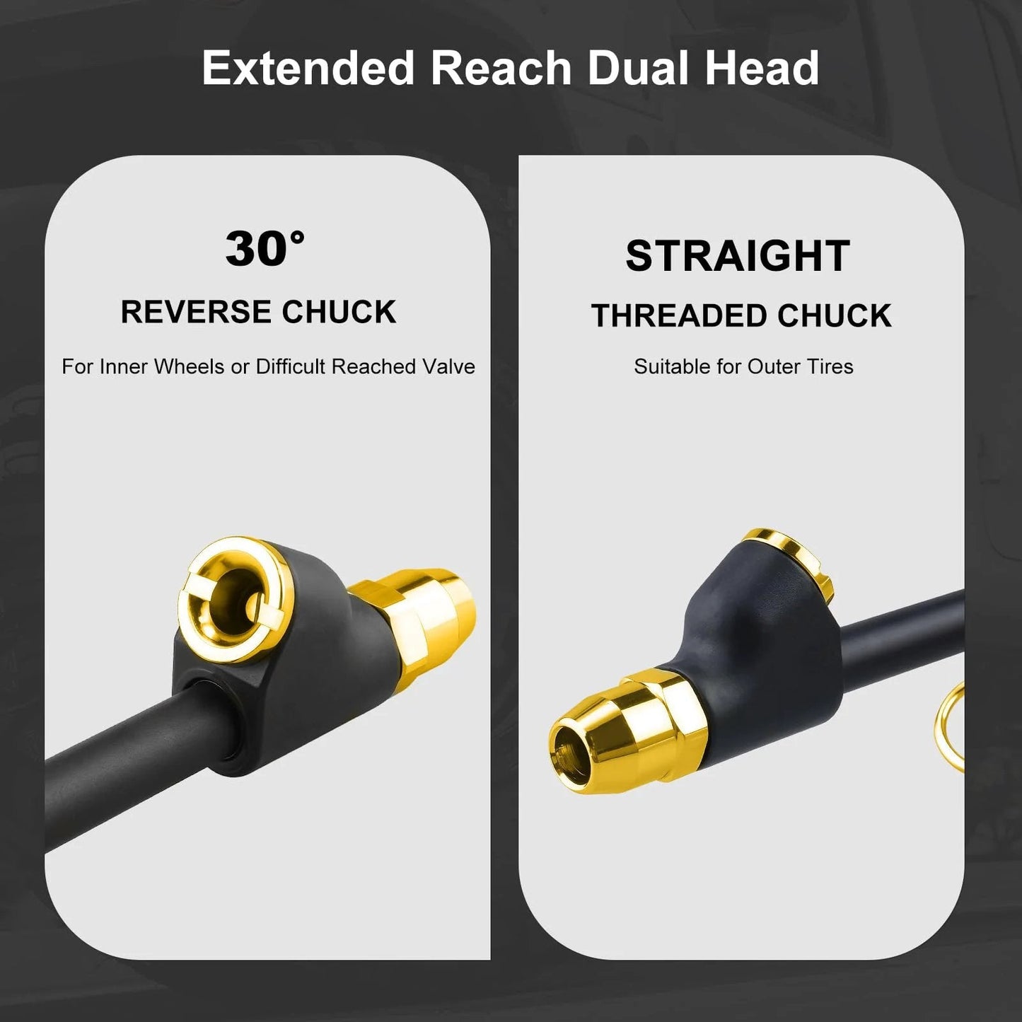 Dual Head Tire Pressure Gauge With Extended Tube For Semi Trucks, RVs, Cars And Motorcycles By UHARBOUR showing reverse and straight chucks