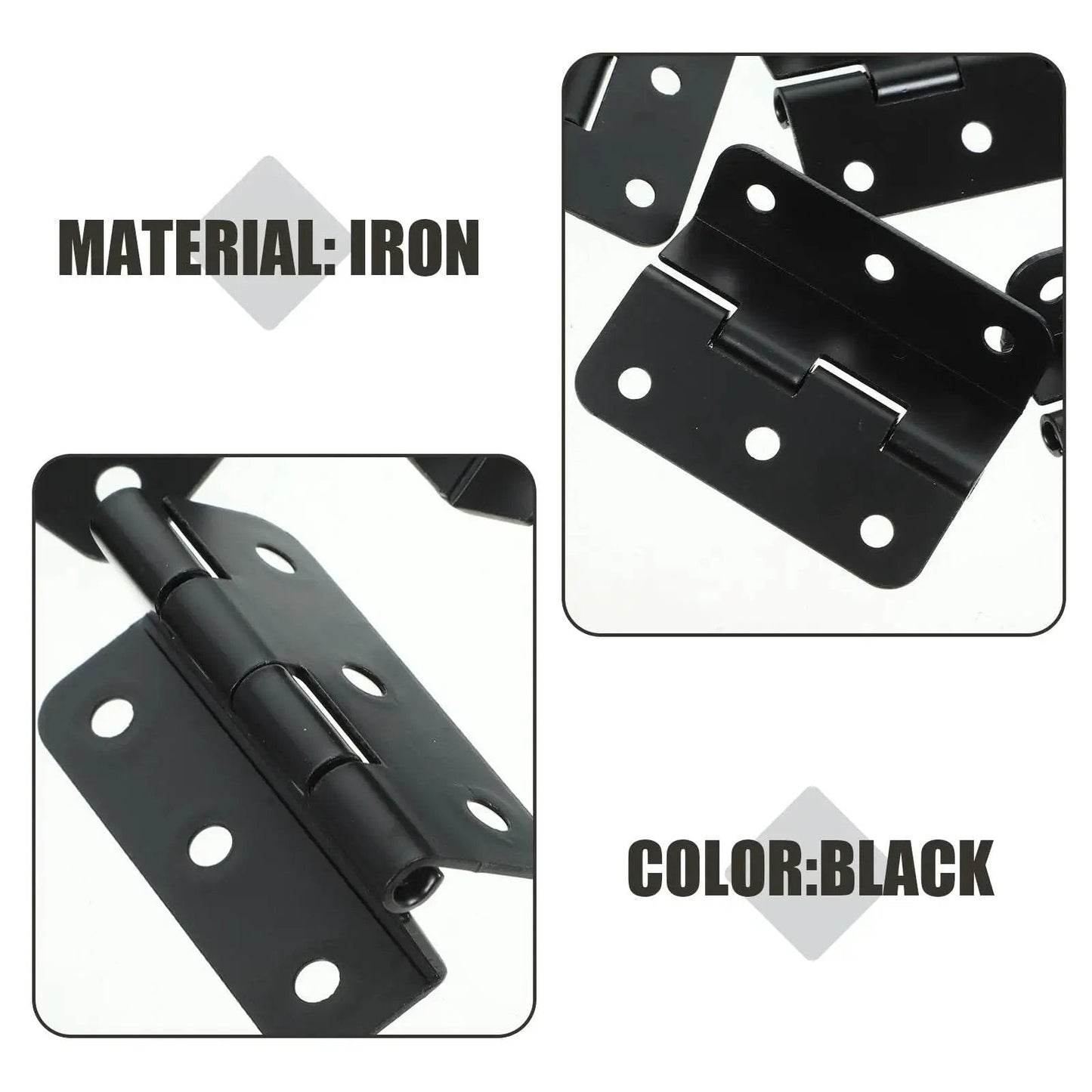 Close-up view of black heavy duty iron cabinet hinges, 10 piece pack for doors and cabinets, rust resistant box hinges replacements.